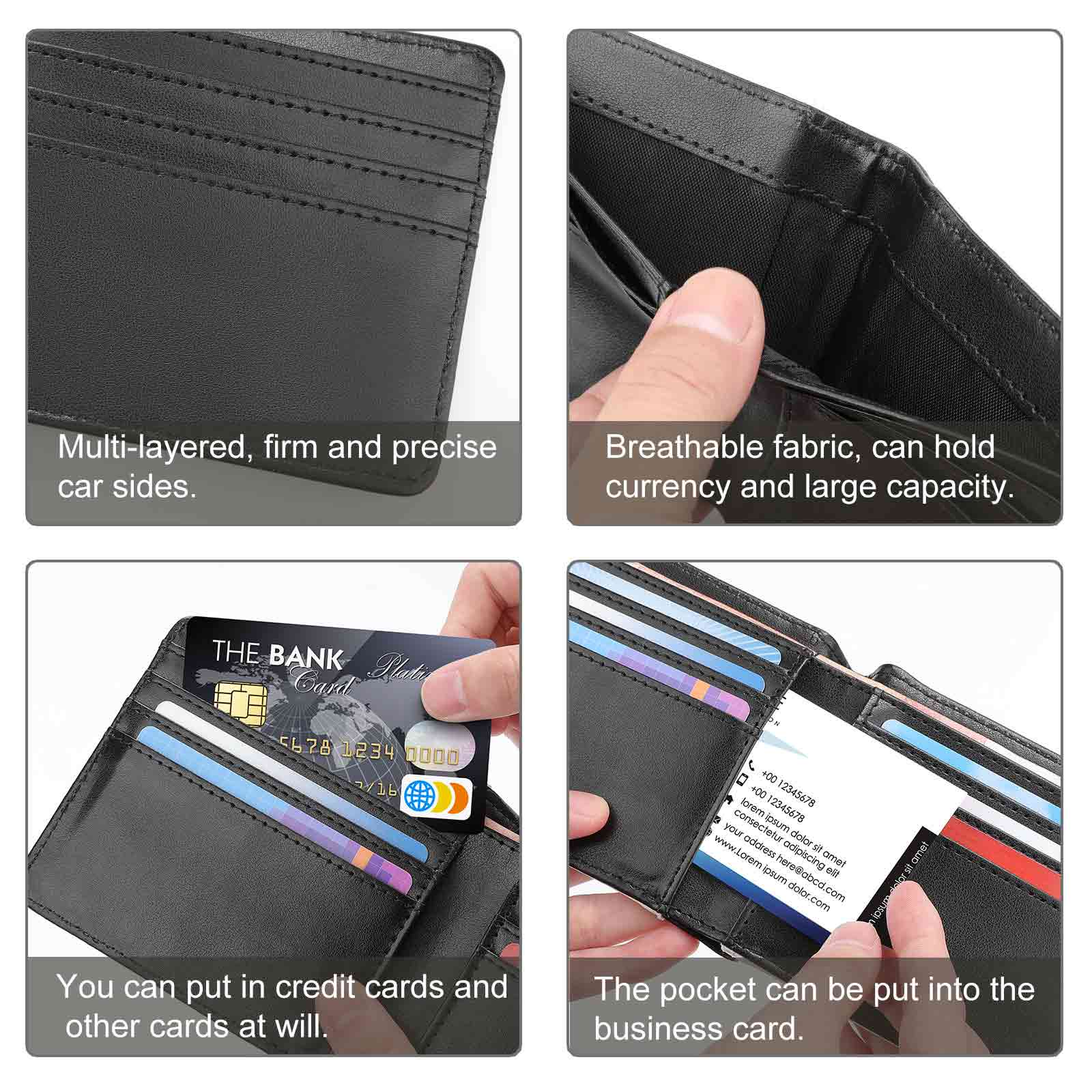 Black PU leather bifold wallet with card slots and currency holder. Stylish and portable design.