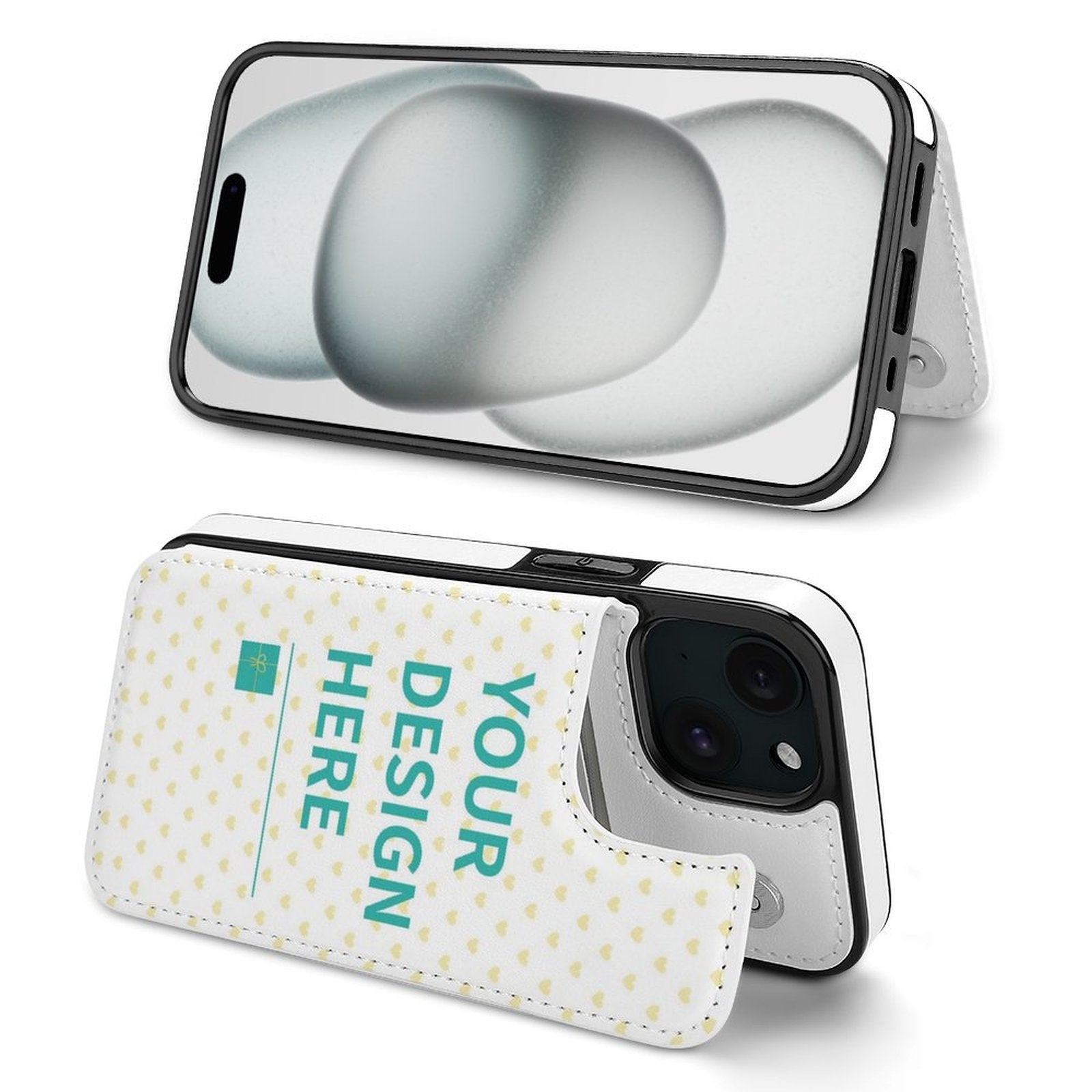 iPhone 15 series white PU leather flip case with custom design and card slot, featuring "YOUR DESIGN HERE" text