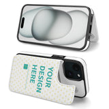 iPhone 15 series white PU leather flip case with custom design and card slot, featuring "YOUR DESIGN HERE" text