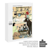 1000-piece wooden jigsaw puzzle featuring a cat and dog tea party scene, enhancing manual skills and social skills.