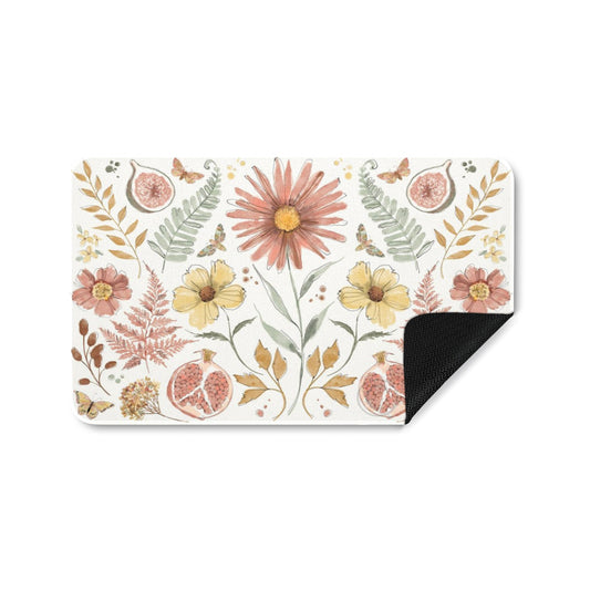Floral entrance doormat with watercolor flower and fruit design, non-slip rubber mat
