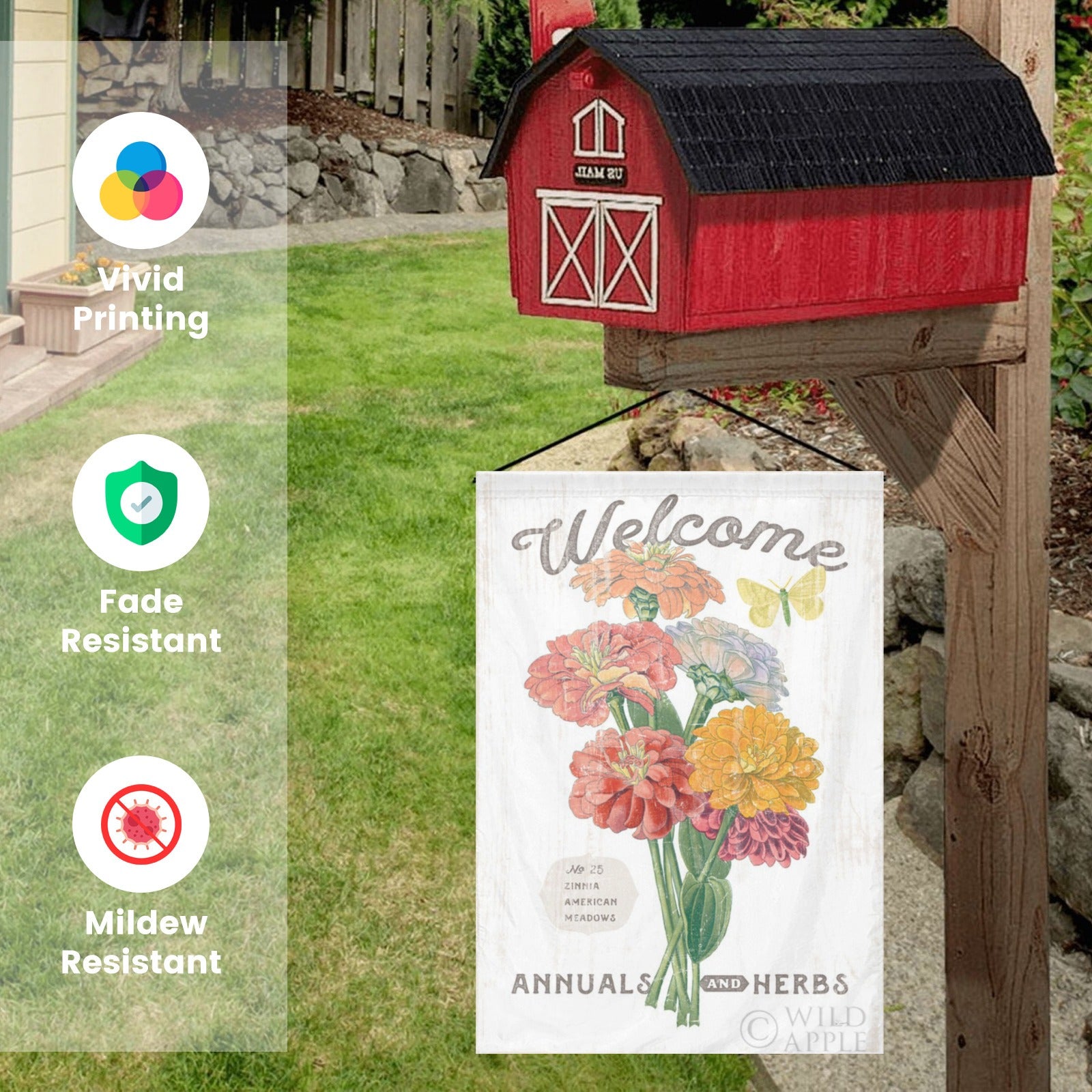 Double-sided garden flag with Welcome text and zinnia flowers, farmhouse yard decor, made in USA