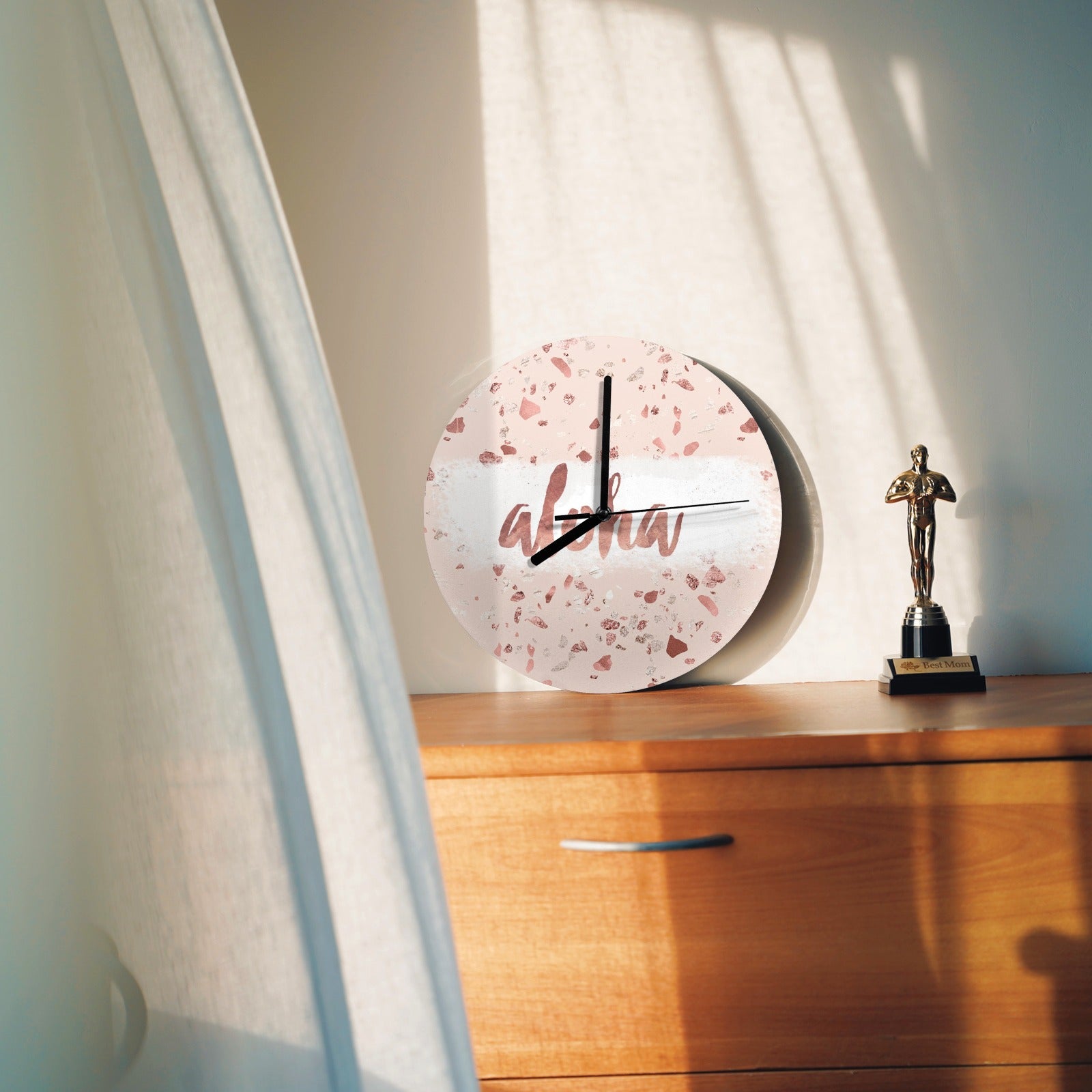 Pink MDF wall clock with 'aloha' text for living room, office decor. Modern wall clock with terrazzo pattern.