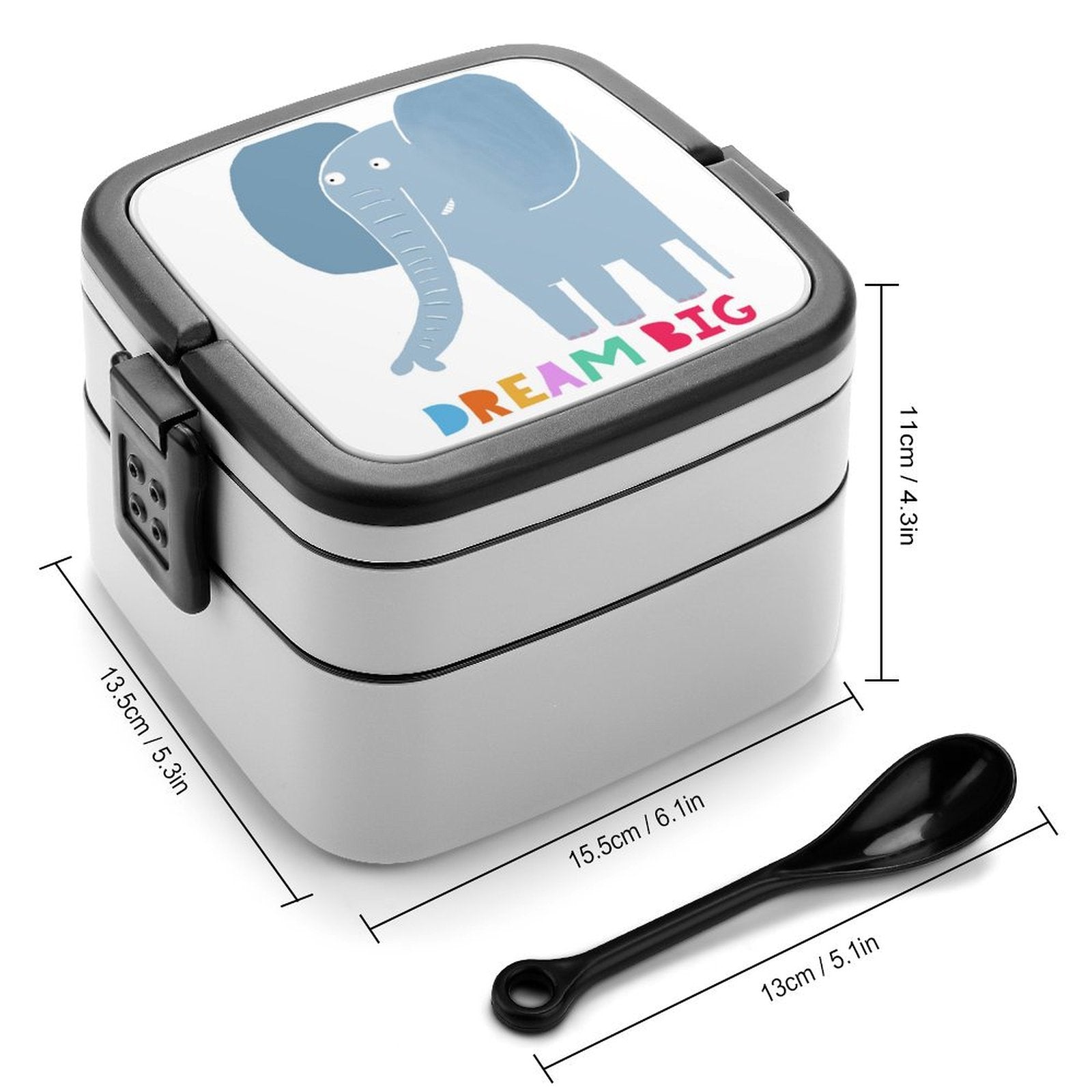 Kids' bento lunch box featuring elephant and "DREAM BIG" design, double-layer container, black spoon included.