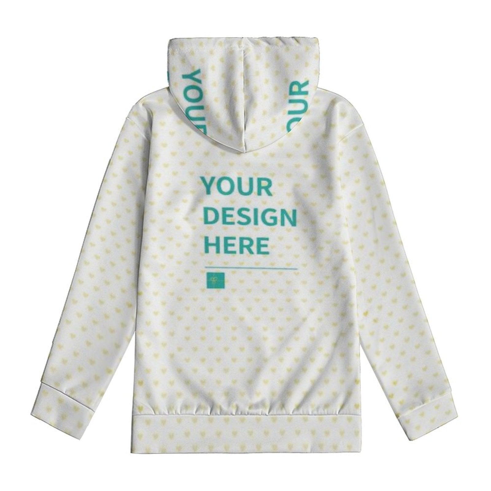 Customizable kids hoodie with 'Your Design Here' text and heart pattern, perfect personalized gift.