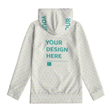 Customizable kids hoodie with 'Your Design Here' text and heart pattern, perfect personalized gift.