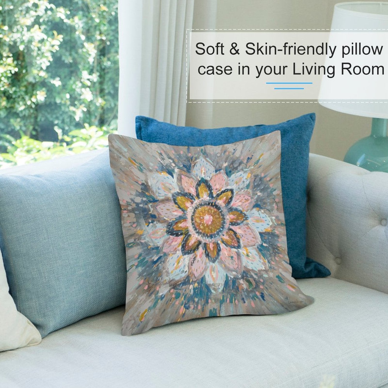 Soft plush pillow cover with floral art design, perfect for living room decor, skin-friendly material.