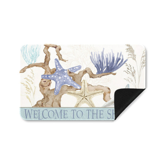 Soft Welcome Entrance Doormat with beach themed design, rubber floor mat with blue starfish