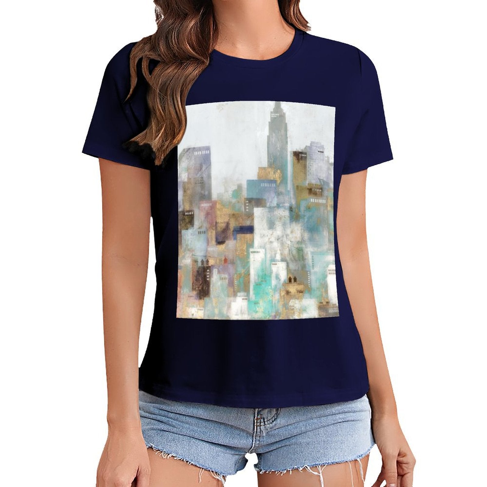MyArtsyGift Women's navy t-shirt with abstract cityscape graphic print