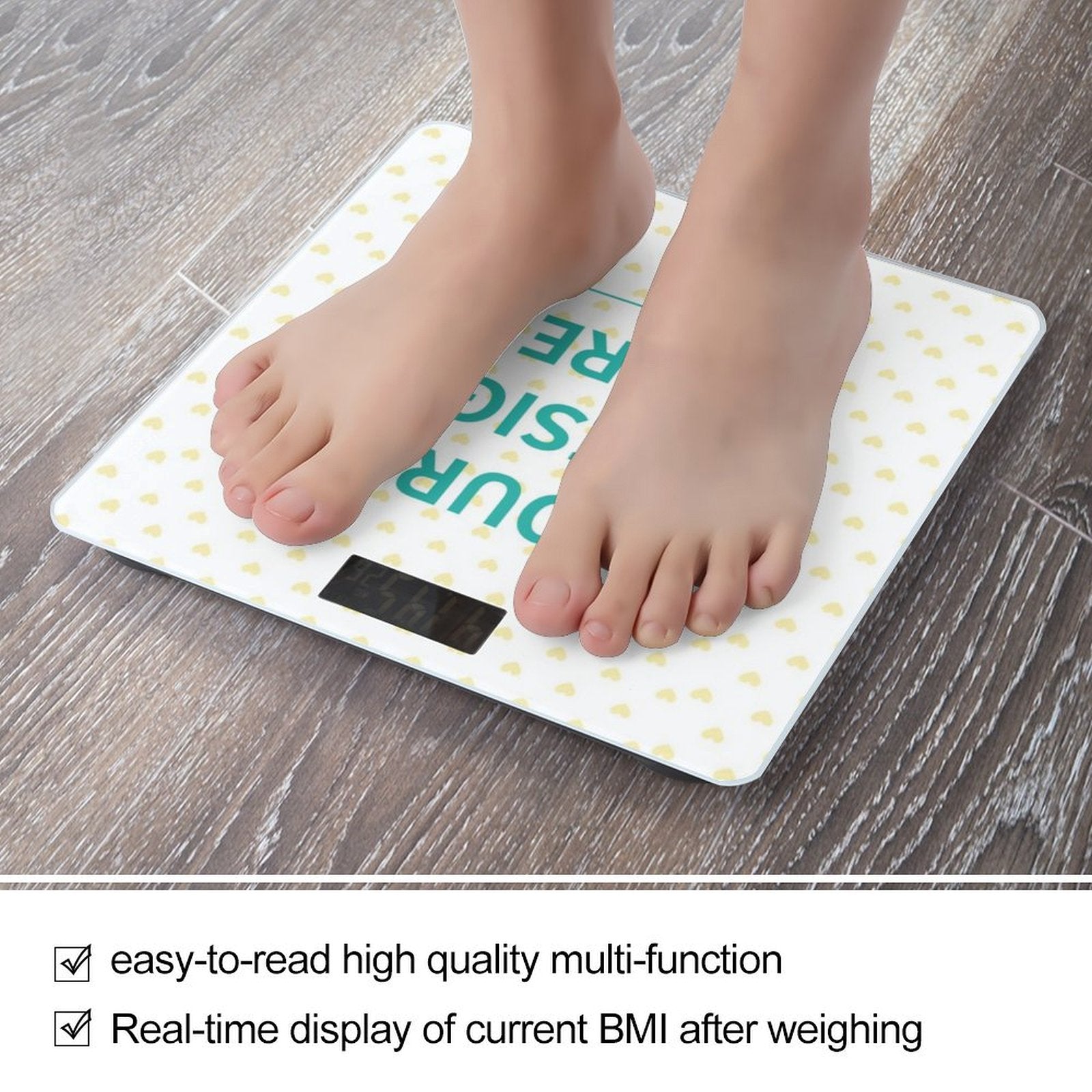 Digital bathroom scale with heart pattern, displaying weight; easy-to-read with BMI function.