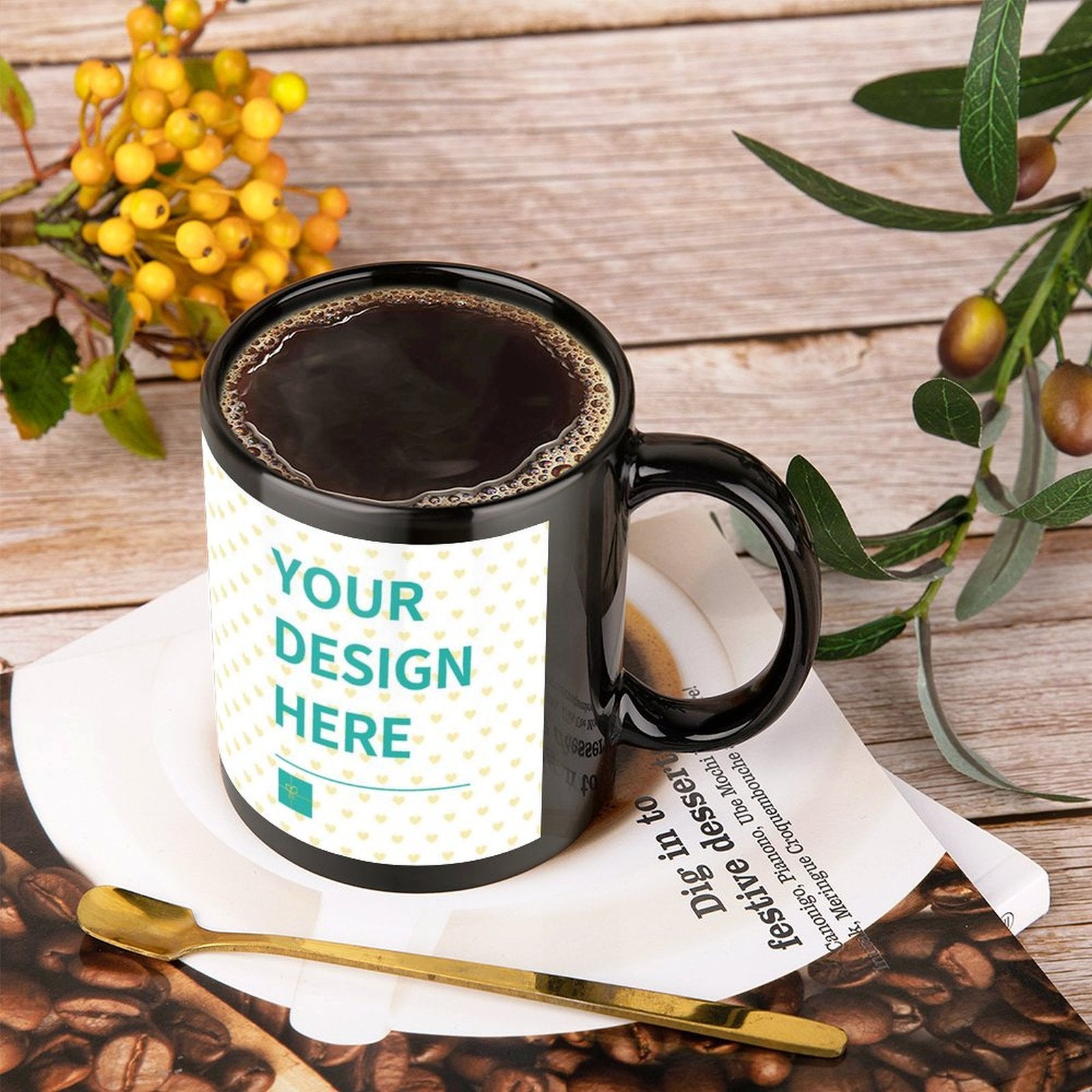Customizable black ceramic coffee mug with 'YOUR DESIGN HERE' design, perfect for gifts, MyArtsyGift product