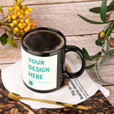 Customizable black ceramic coffee mug with 'YOUR DESIGN HERE' design, perfect for gifts, MyArtsyGift product