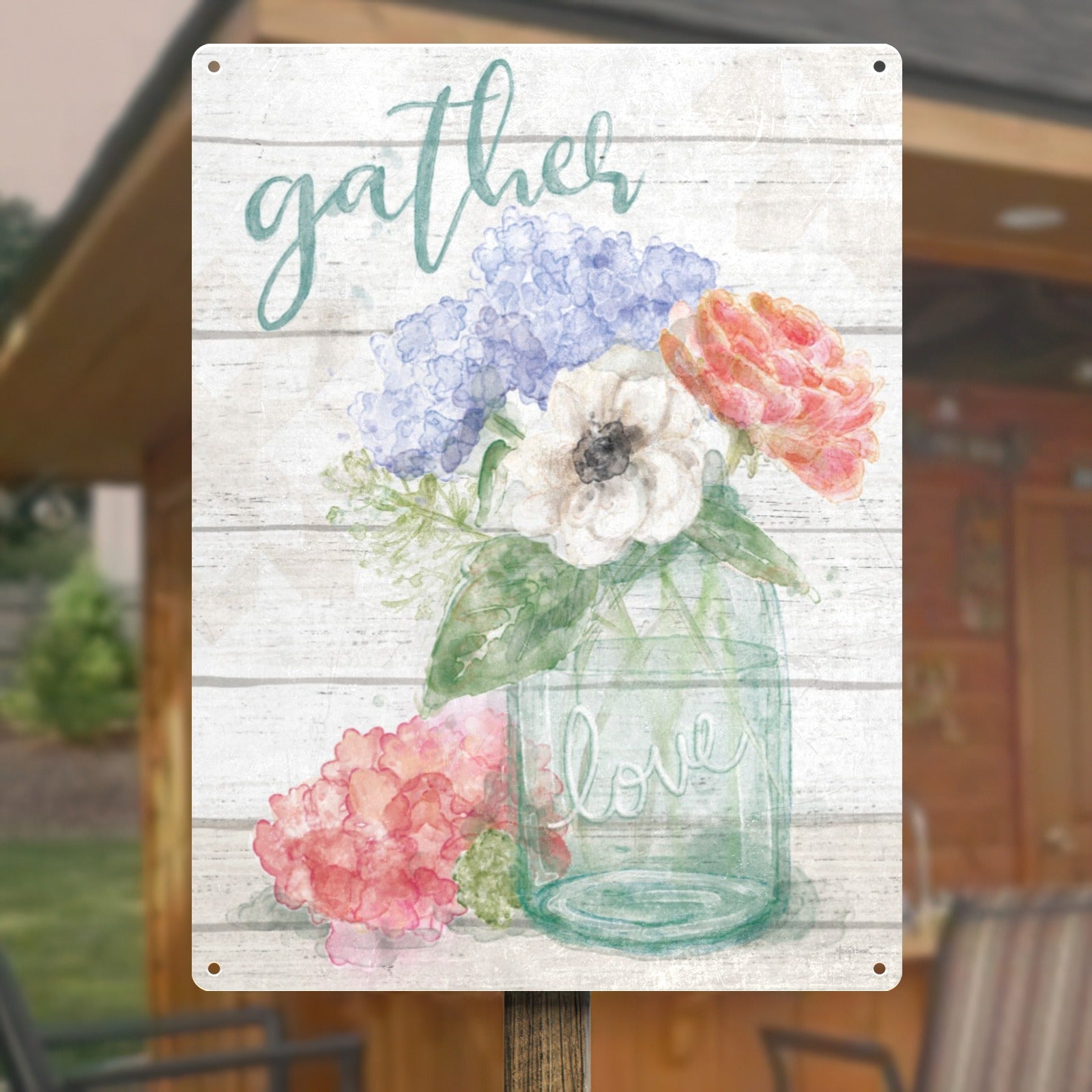 Pastel floral metal sign, featuring "gather" and "love" text. Watercolor flowers in a jar, perfect home decor.