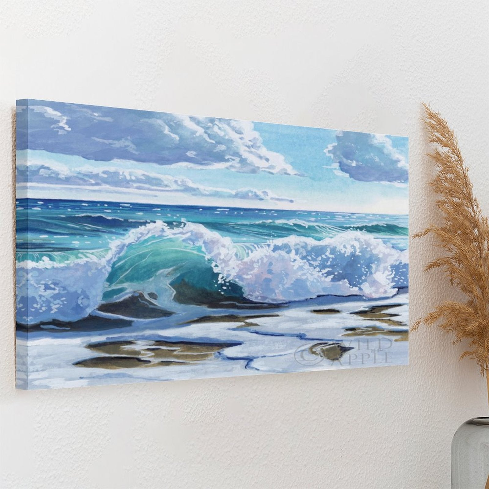 Canvas print: Ocean wave art. Blue watercolor painting for coastal wall decor, featuring the Wild Apple signature.