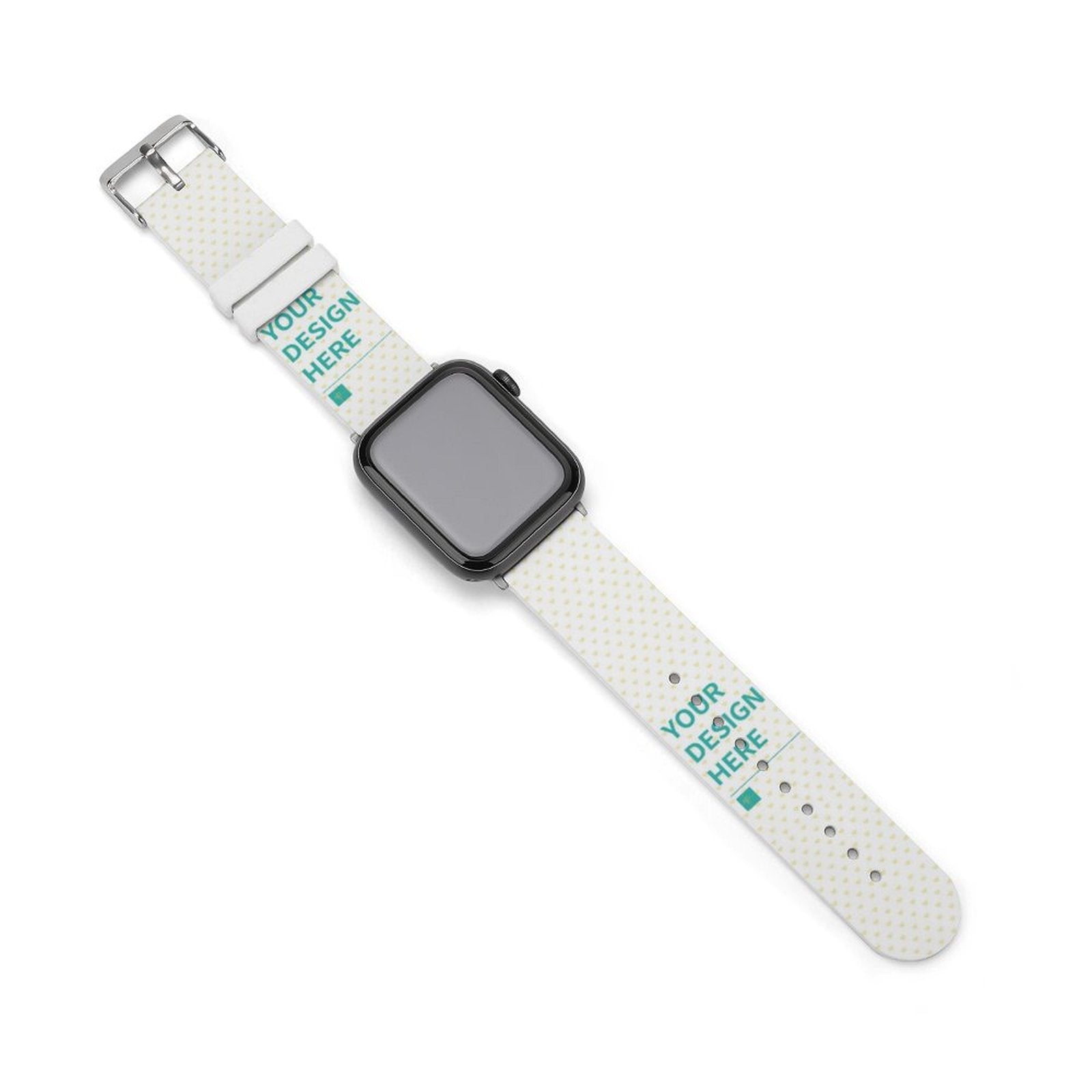Customizable white silicone Apple Watch band with YOUR DESIGN HERE text. Soft, personalized strap for iWatch.