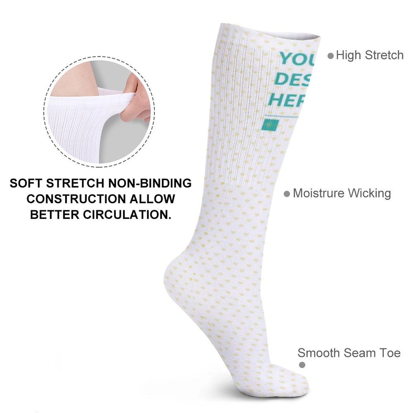 Custom white socks showcasing soft stretch, breathable design, and personalized text, suitable for Christmas gifts.