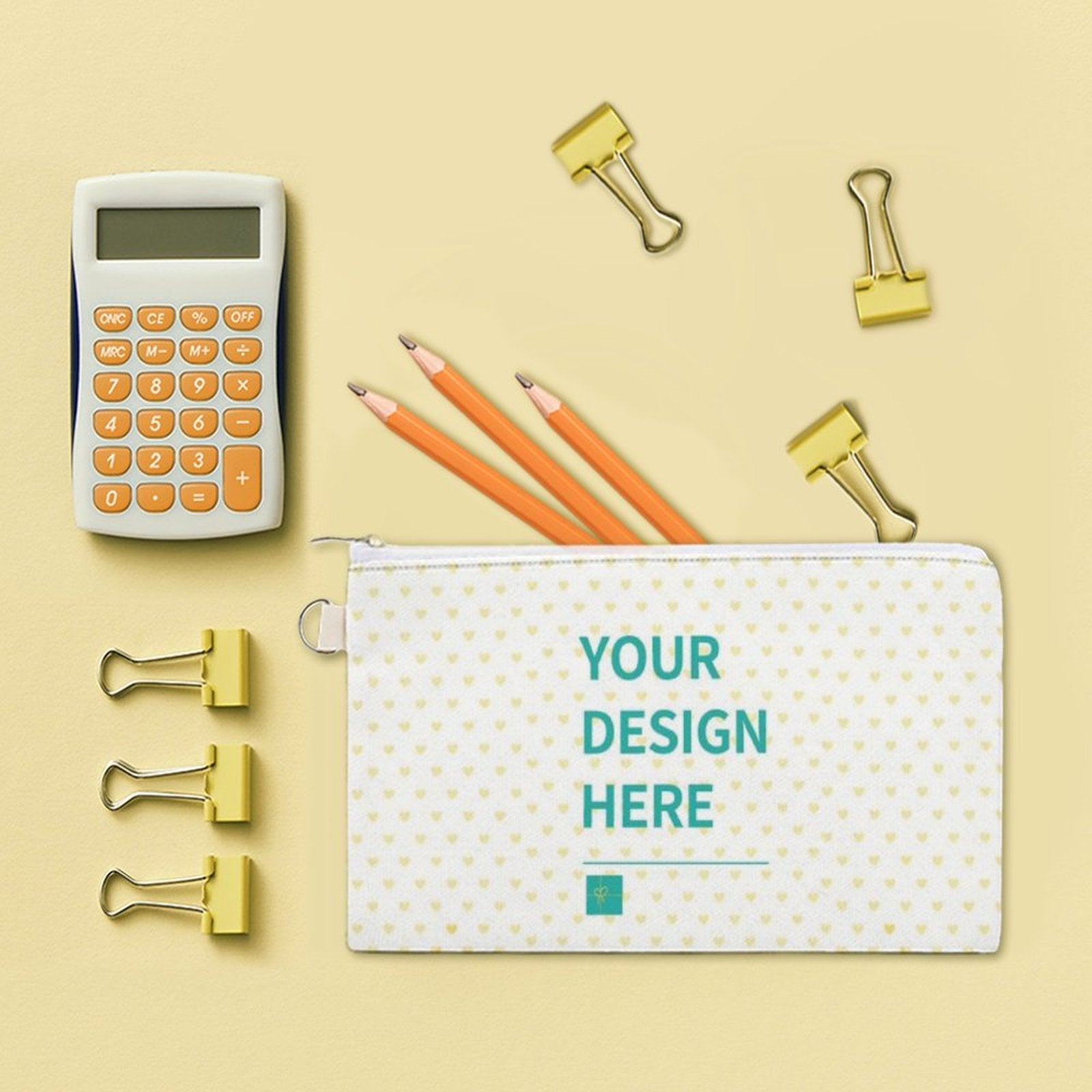 Customizable canvas coin purse with 'YOUR DESIGN HERE' text, perfect for storing coins, cards, and stationery.