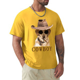 Yellow men's short sleeve tee with Cowboy dog graphic; classic tee from MyArtsyGift.com