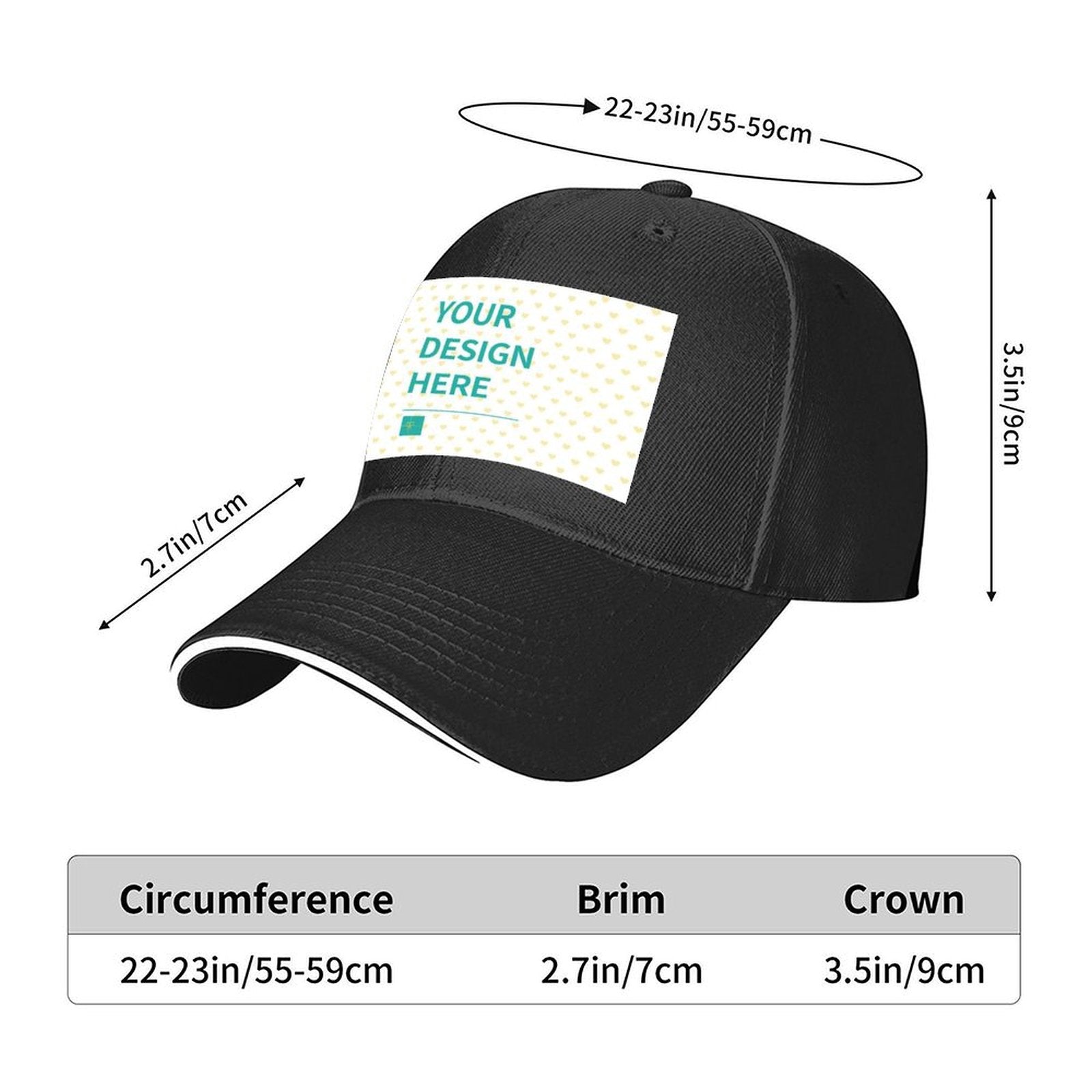 Custom baseball cap hat featuring 'YOUR DESIGN HERE', perfect for personalized gifts. Black, made of polyester.
