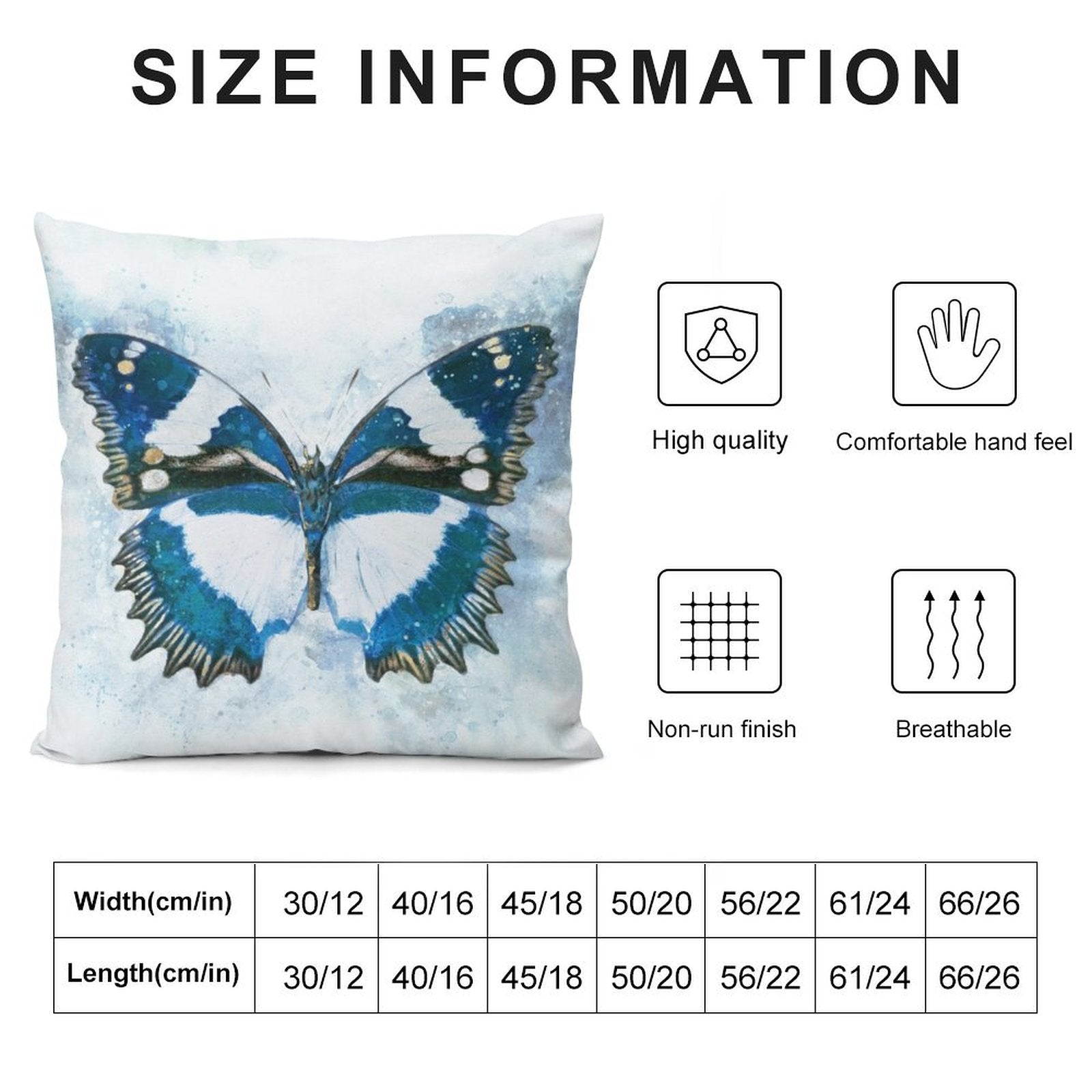Plush throw pillow with butterfly design, available in multiple sizes, high-quality, breathable, and comfortable.
