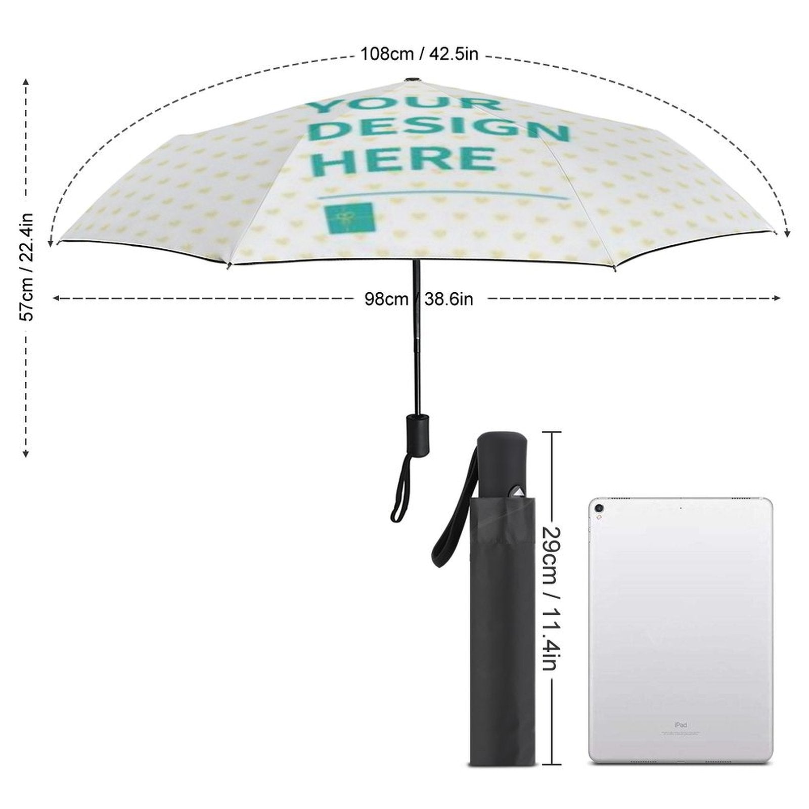 Customizable UV resistant umbrella, white with your design here text. Durable, portable, and ideal gift.