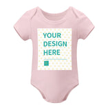 Customizable pink baby bodysuit with 'YOUR DESIGN HERE' design. Soft cotton unisex bodysuit for baby boys & girls.