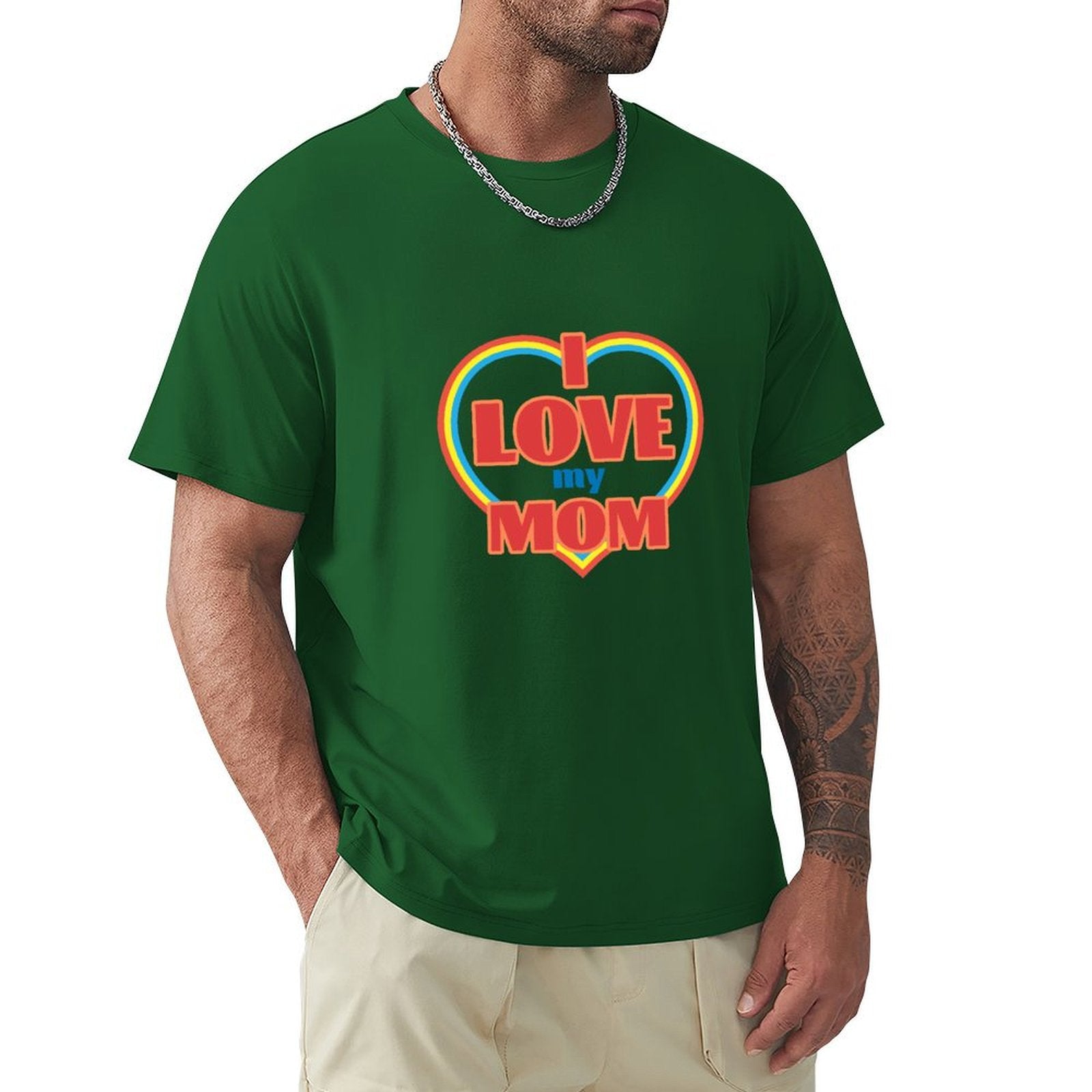 Green cotton men's crew neck t-shirt with 'I Love My Mom' design from MyArtsyGift, perfect gift