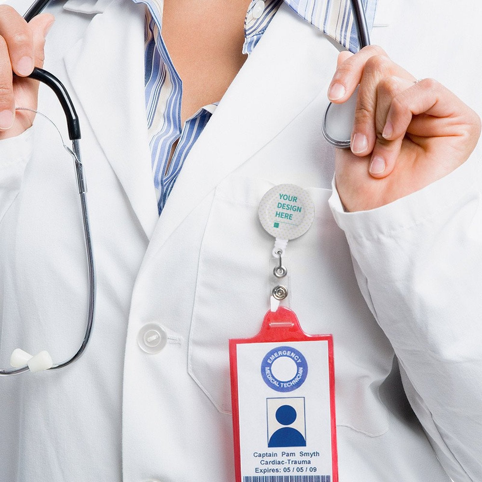 Personalized badge reel with metal clip and custom design area. PP material. Emergency medical technician ID shown.