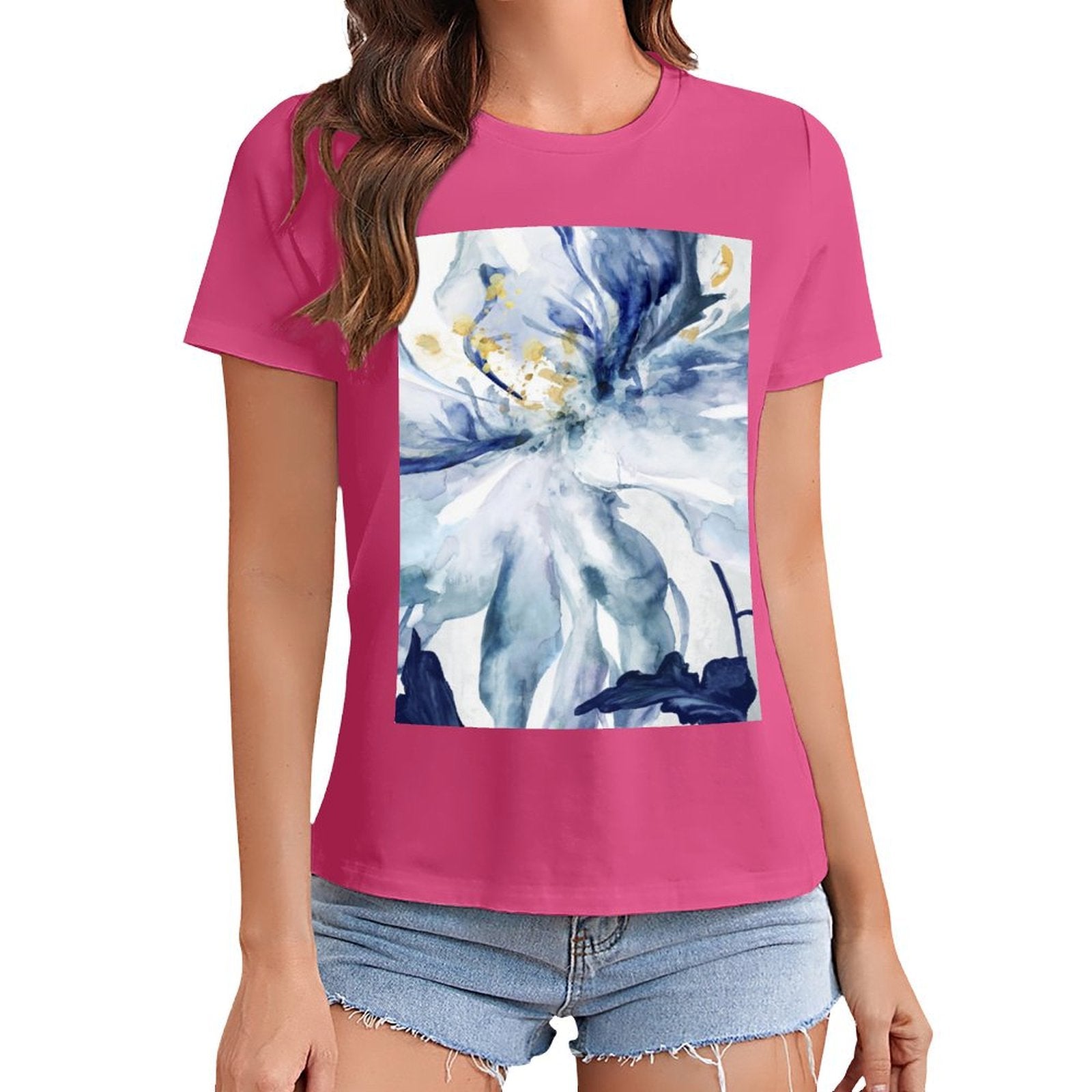 Women's pink crewneck t-shirt with blue floral graphic print, MyArtsyGift. Casual style.