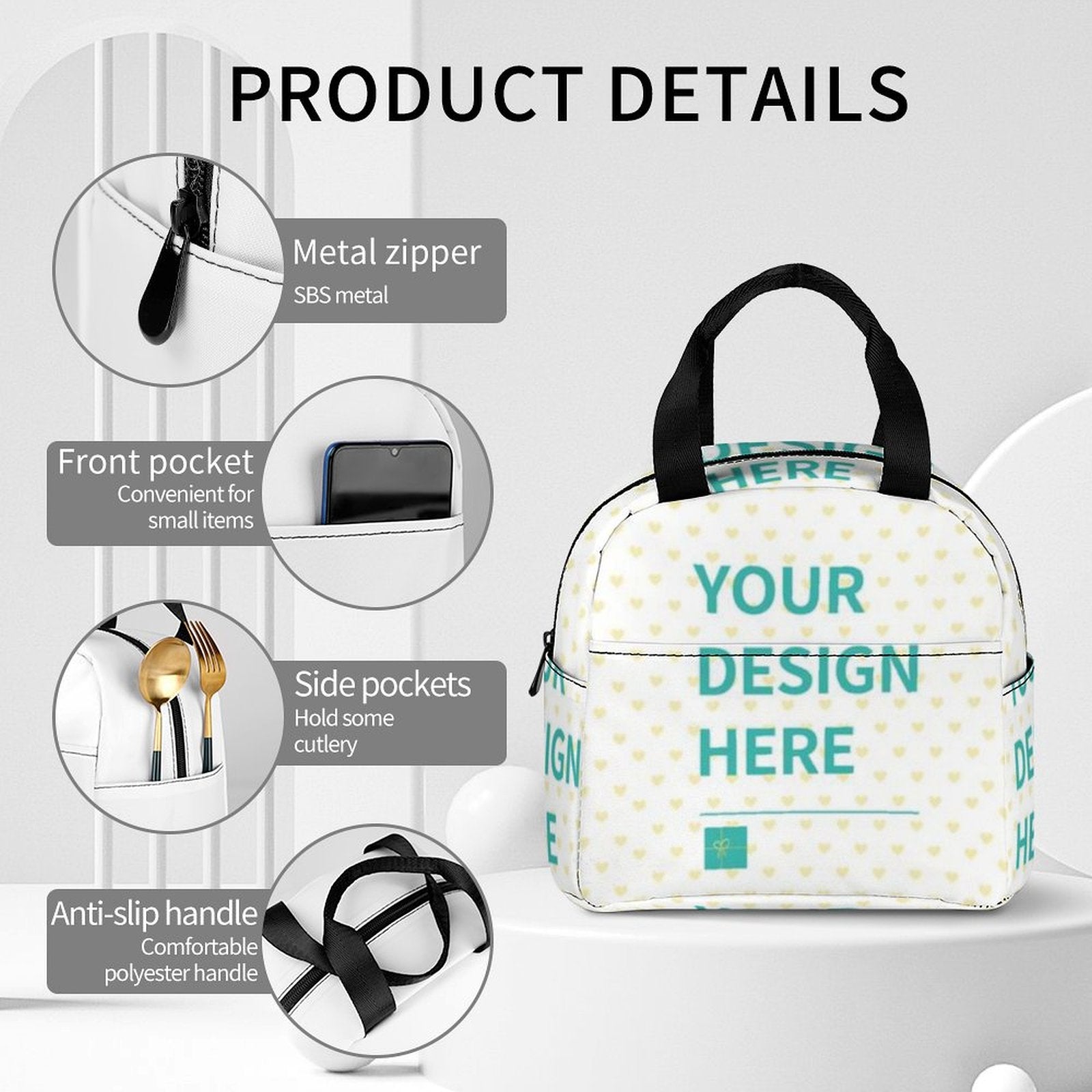 Custom lunch bag with design, featuring a metal zipper, pockets, and polyester handle.