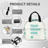 Custom lunch bag with design, featuring a metal zipper, pockets, and polyester handle.