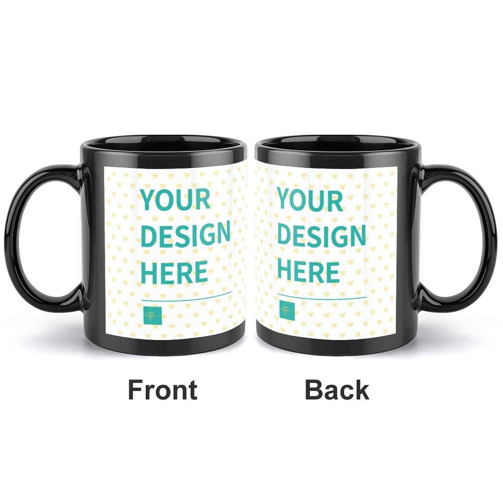 Black ceramic mug with custom design, featuring 'YOUR DESIGN HERE' text. A personalized gift.