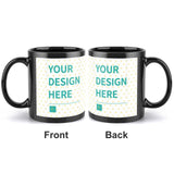 Black ceramic mug with custom design, featuring 'YOUR DESIGN HERE' text. A personalized gift.