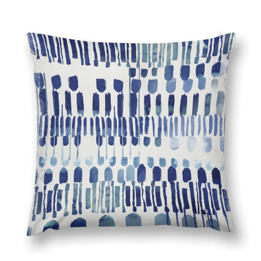Blue abstract brushstroke pattern on plush pillow cover for sofa, couch, living room. Decorative and soft.