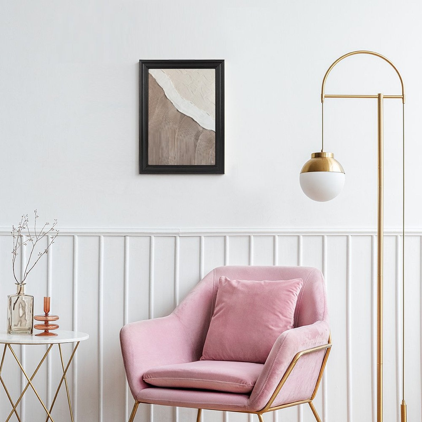 Personalized Canvas Art with black frame, pink armchair and gold decor, a perfect home decor and gift idea.