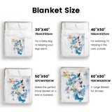 Blue Butterflies Flannel Blanket size guide: 30x40 for baby or legs, 40x50 for TV, 50x60 throw, 60x80 X-Large for all uses.
