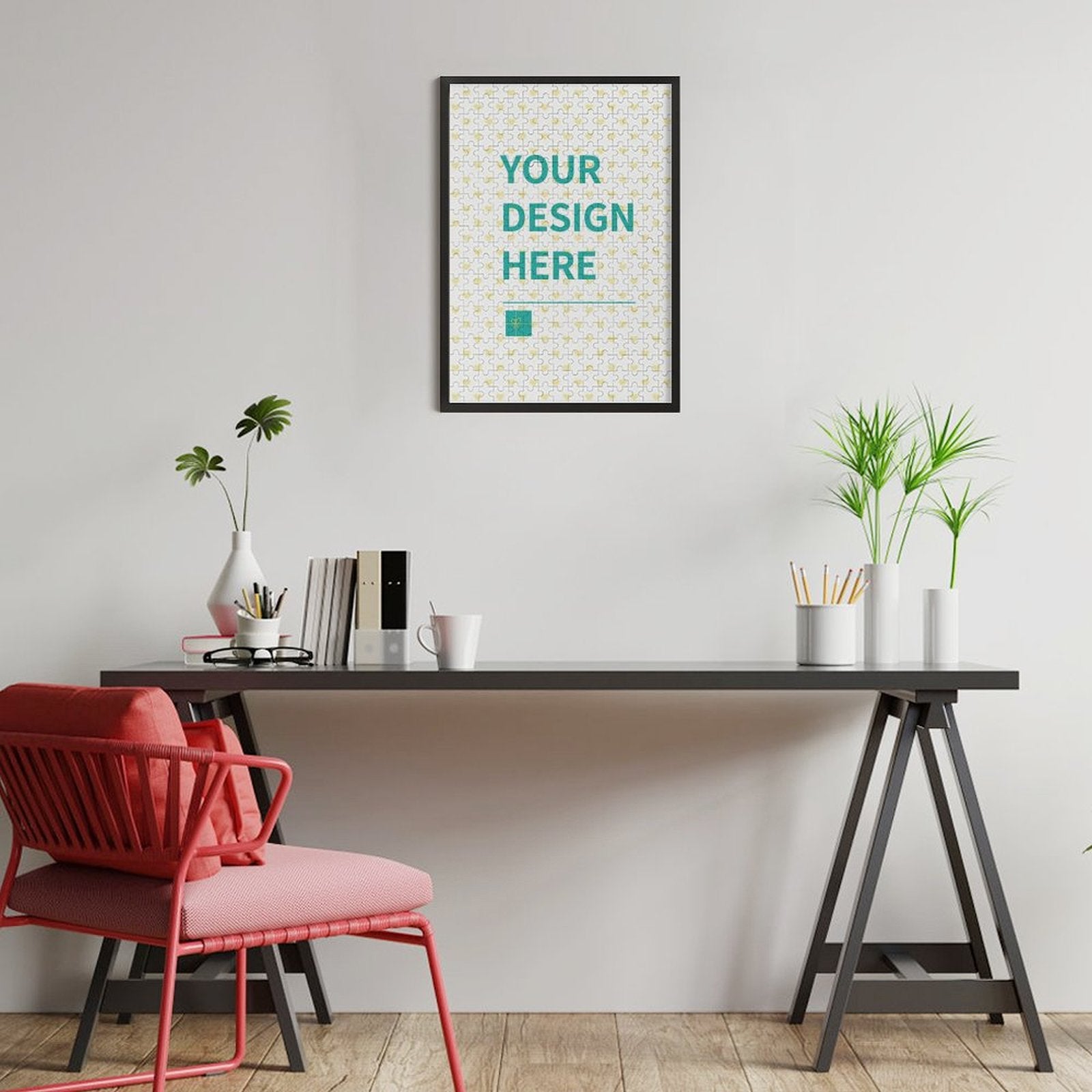 Custom photo puzzle with 'YOUR DESIGN HERE' framed on a wall, personalized for family game nights