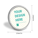 Customizable round alloy lapel pin with 'YOUR DESIGN HERE' text, personalized design option