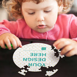 Personalized round photo puzzle for kids with custom design, poplar wood material, and the text "YOUR DESIGN HERE".