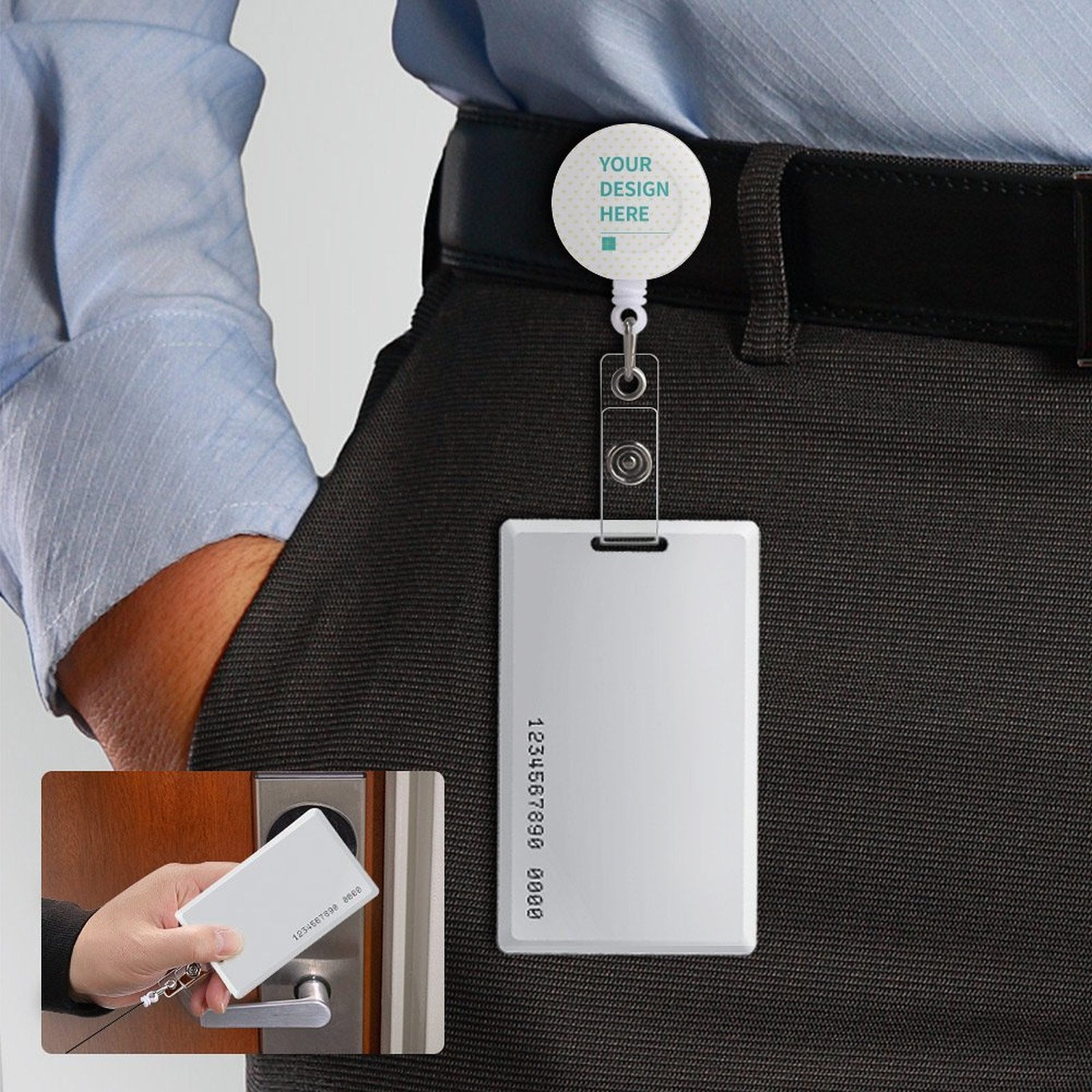 Personalized badge reel holder with metal clip, white PP material, customizable design, retractable cord for women and men