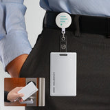 Personalized badge reel holder with metal clip, white PP material, customizable design, retractable cord for women and men