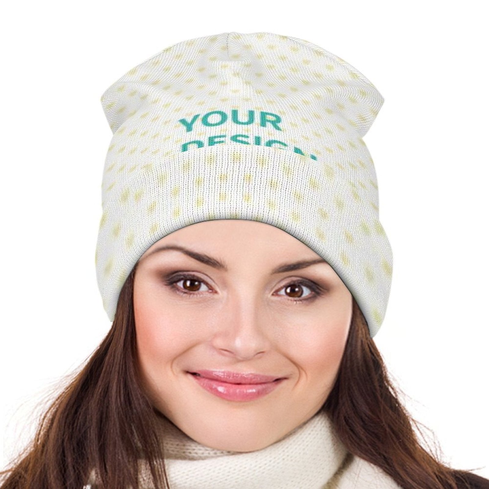 Customizable white beanie with 'YOUR DESIGN' text, personalized knitted hat gift, made of polyester.
