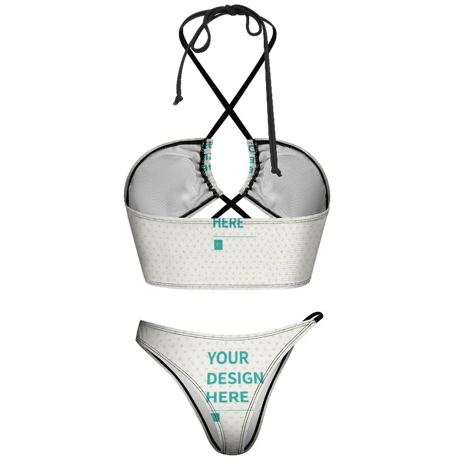 Personalized white bikini swimsuit, customizable design text 'YOUR DESIGN HERE'. Perfect for beach and pool parties.