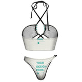 Personalized white bikini swimsuit, customizable design text 'YOUR DESIGN HERE'. Perfect for beach and pool parties.