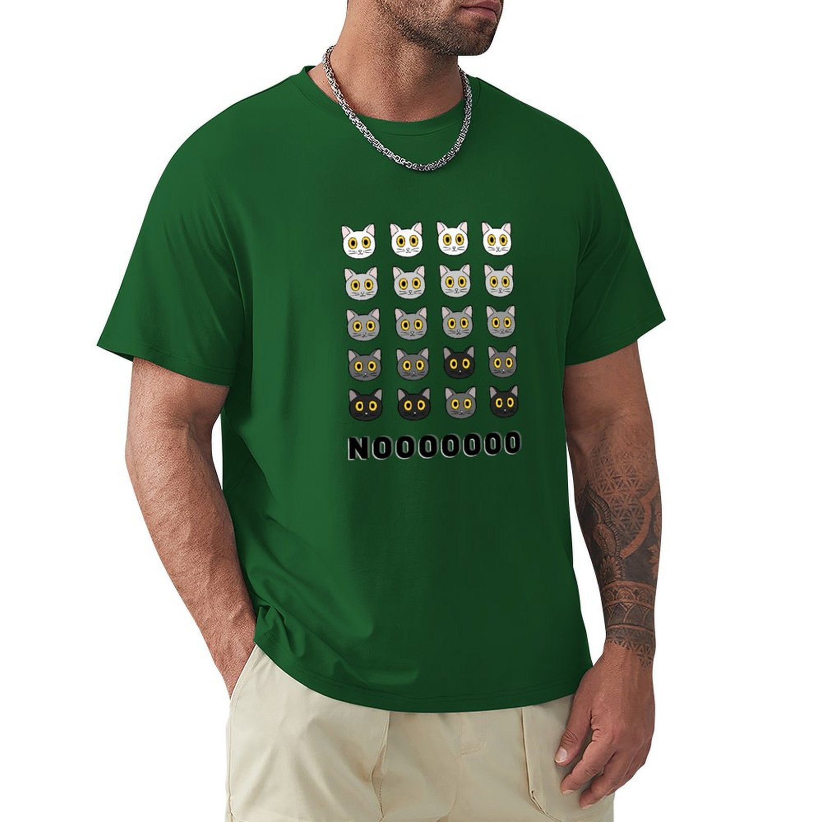 Green men's t-shirt with repeated cat faces and 'NOOOOOOOO' text graphic design