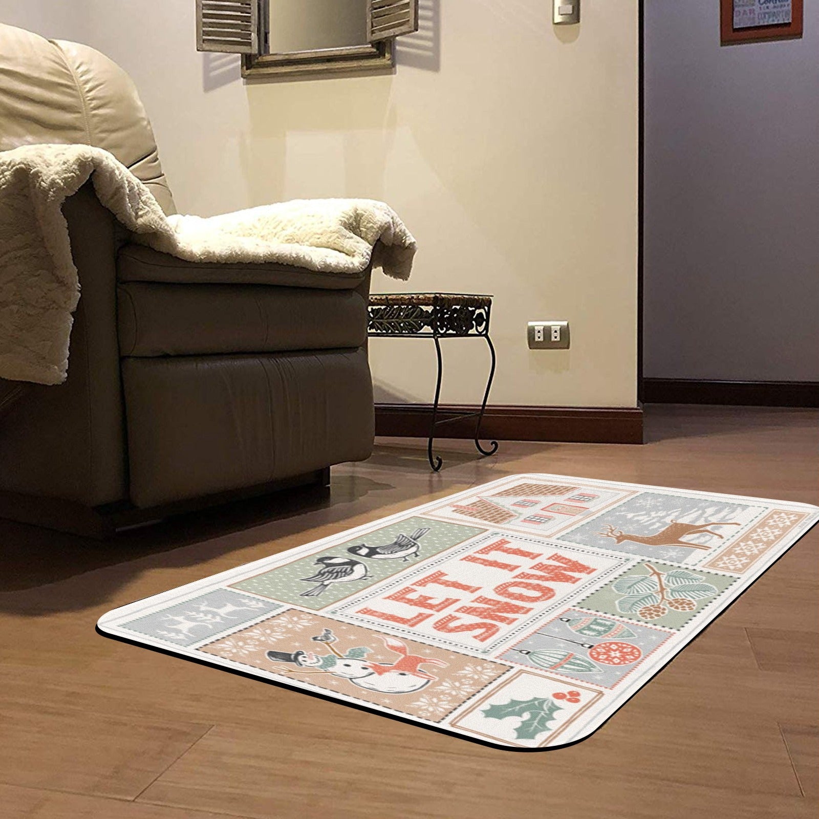 Frosty white rubber doormat with LET IT SNOW design, winter themed, for indoor/outdoor use, floor mat