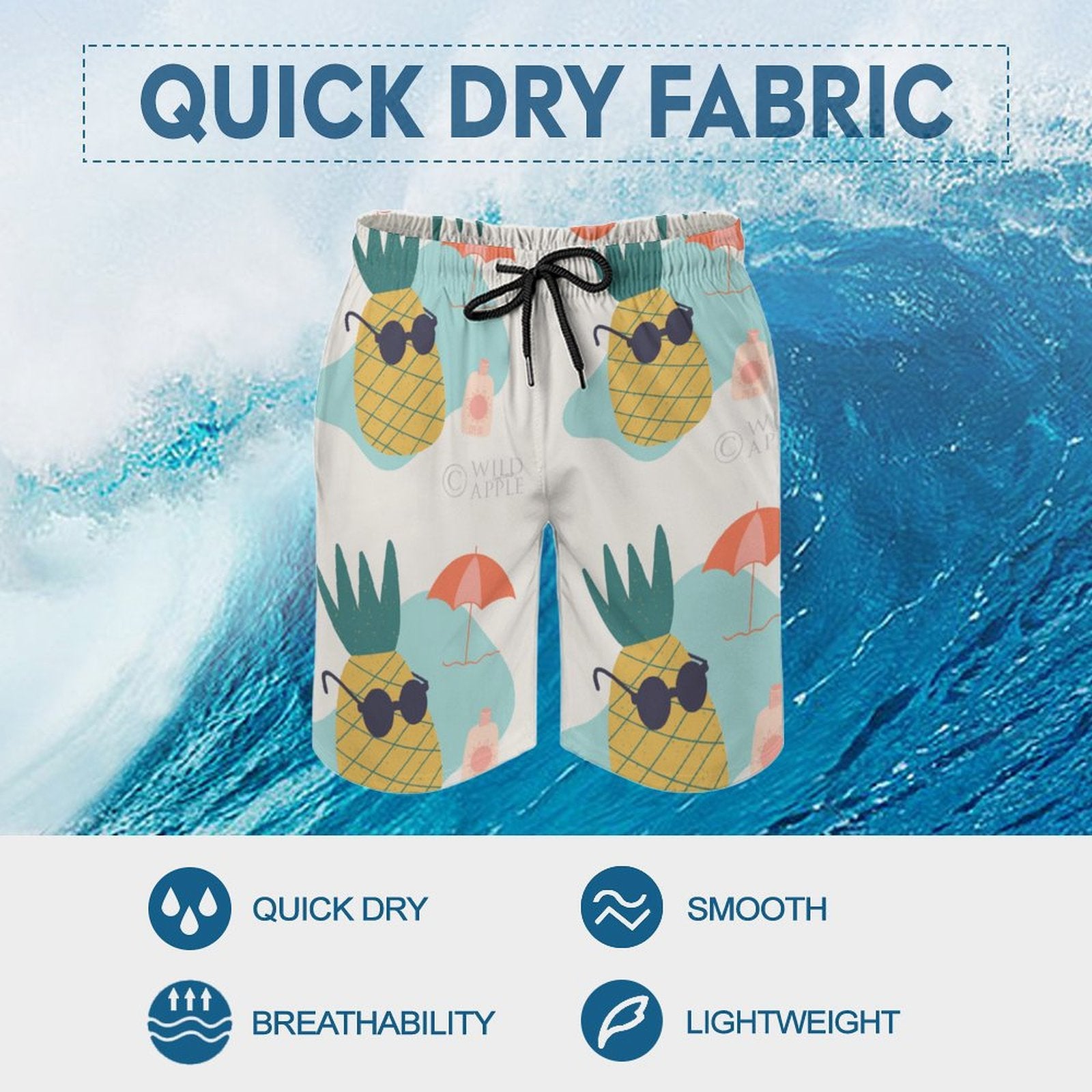 Men's Hawaiian swim trunks with pineapple print, quick-dry fabric, perfect beach gift for boyfriend - Wild Apple.