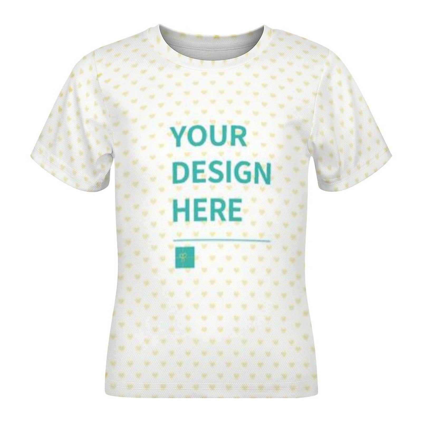 Customizable kids' t-shirt with heart pattern and 'YOUR DESIGN HERE' text, made of mesh fabric.