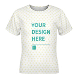 Customizable kids' t-shirt with heart pattern and 'YOUR DESIGN HERE' text, made of mesh fabric.