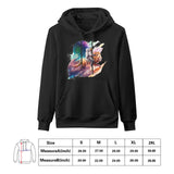 Black Cosmo Ride hoodie by Ben Heine. Astronaut on lion art. Gildan men's sweatshirt, with size chart. From MyArtsyGift.